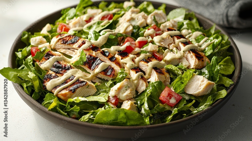 Fresh caesar salad with grilled chicken, vibrant greens, and a delicious creamy dressing for a healthy meal Fresh caesar salad with grilled chicken, vibrant greens, and a delicious creamy dressing for a healthy meal