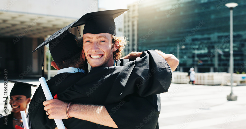 Fototapeta premium City, graduation and student friends hugging outdoor for celebration or education. Certificate, scholarship and smile with happy college or university graduate men embracing downtown for milestone