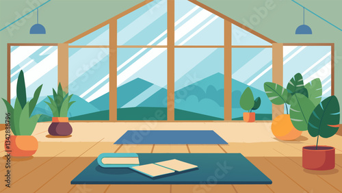 A peaceful yoga studio with large windows that let in natural light where guests can practice mindfulness and leave their phones behind.. Vector illustration