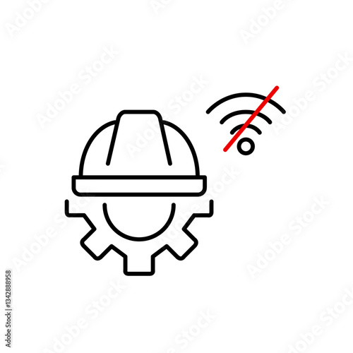 Hard hat, cogwheel and no wi-fi symbol. Offline system maintenance, disconnected repairs. Pixel perfect, editable stroke vector icon