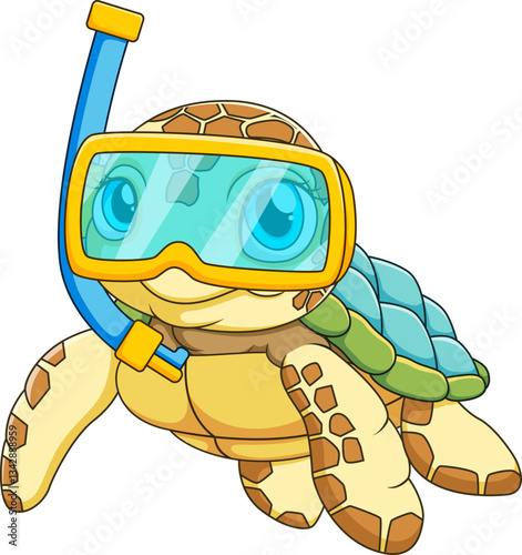 Cute turtle cartoon in scuba gear with snorkel for underwater adventure concept.