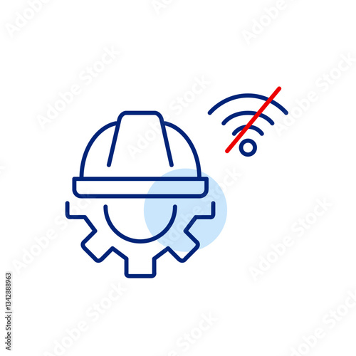 Hard hat, cogwheel and no wi-fi symbol. Offline system maintenance, disconnected repairs. Pixel perfect, editable stroke vector icon