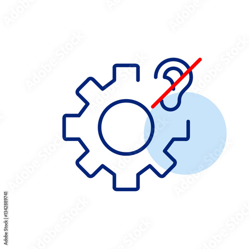 Cogwheel and ear crossed out. No audio processing, notifications disabled. Hearing impaired people accessibility. Pixel perfect, editable stroke vector icon