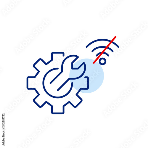 Cogwheel, wrench and no wi-fi symbol. Offline technical support, system maintenance. Pixel perfect, editable stroke vector icon