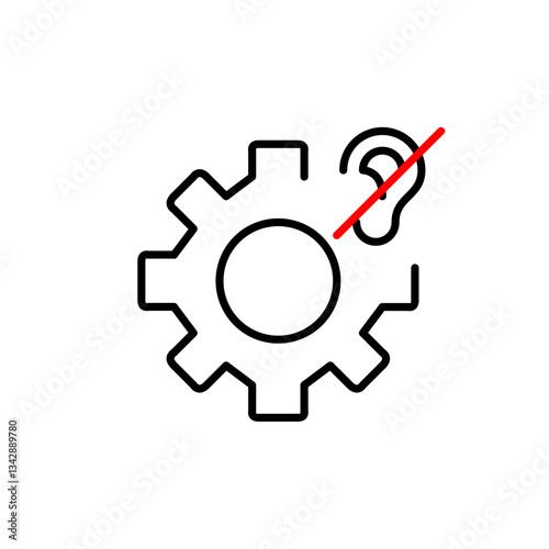 Cogwheel and ear crossed out. No audio processing, notifications disabled. Hearing impaired people accessibility. Pixel perfect, editable stroke vector icon