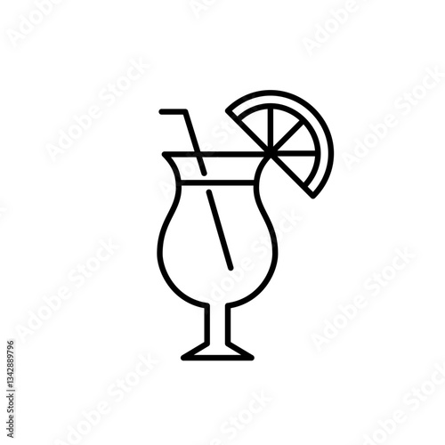 Cocktail glass with straw and slice of lemon. Bar drinks on holidays and beach vacations. Pixel perfect, editable stroke vector icon