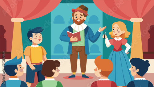 The drama club puts on a parody skit of popular TV shows to educate students about different historical events leaving the audience in fits of laughter.. Vector illustration