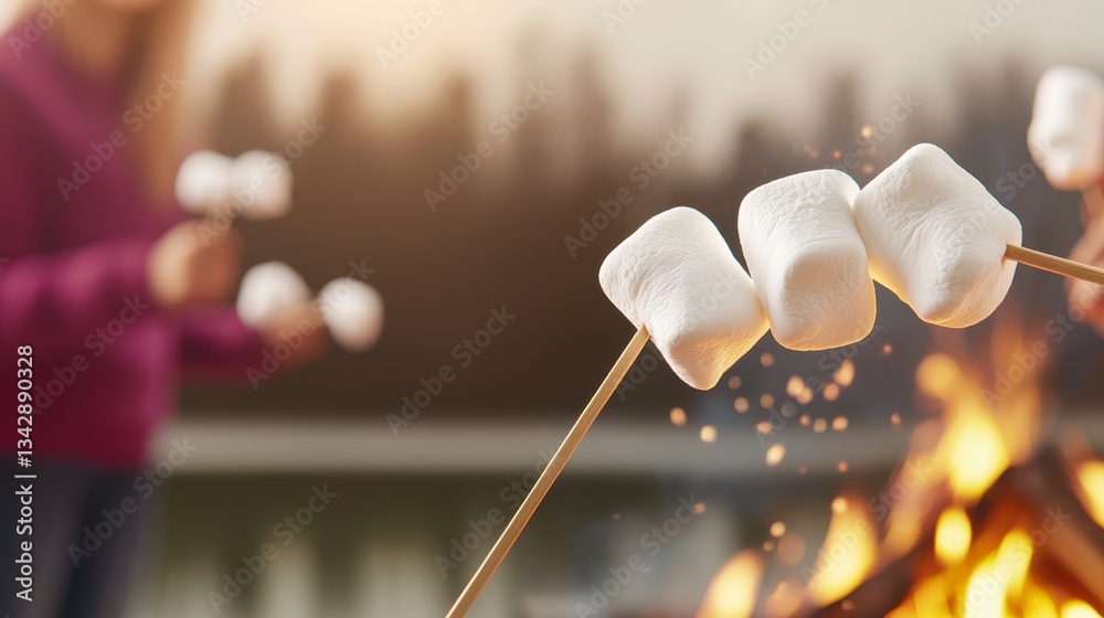 Friends enjoying toasting marshmallows on a stick over an open fire during a cozy gathering in nature Friends enjoying toasting marshmallows on a stick over an open fire during a cozy gathering in nature