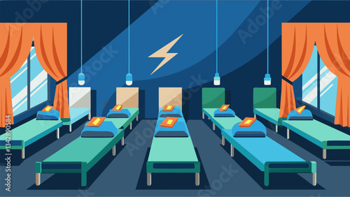 A designated nap room with comfortable cots and blackout curtains allowing employees to take a quick power nap and recharge their energy levels.. Vector illustration
