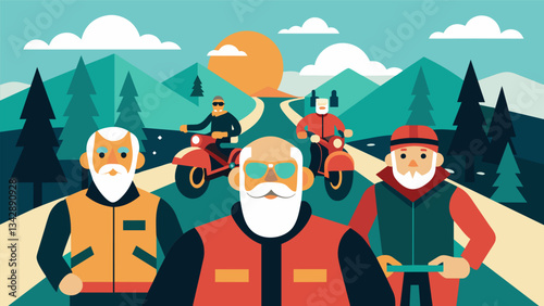 A group of retired friends all clad in matching motorcycle jackets discovering new roads and hidden towns on their trusty motorcycles.. Vector illustration