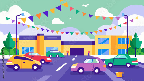 The parking lot dotted with cars adorned with streamers and signs in the schools colors as students show off their creativity and support for Spirit Day.. Vector illustration