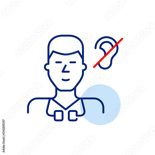 Doctor with stethoscope and ear crossed symbol. Quiet medical environment or a non-verbal consultation method. Health services designed for deaf or hard-of-hearing patients, such as sign language comm