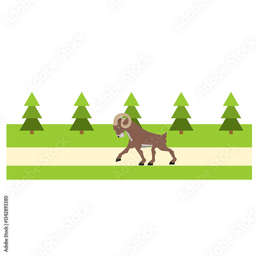Ram. Ram animal runs in rural landscape, vector illustration.