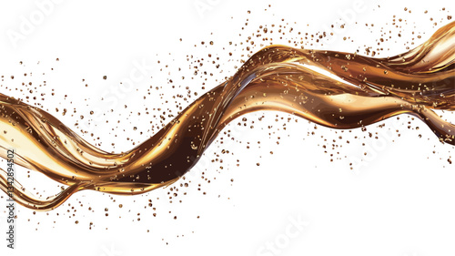 The image showcases a dynamic, abstract representation of a golden liquid. The liquid is depicted as a flowing, swirling stream against a pure white background.  The stream exhibits a glossy, shiny