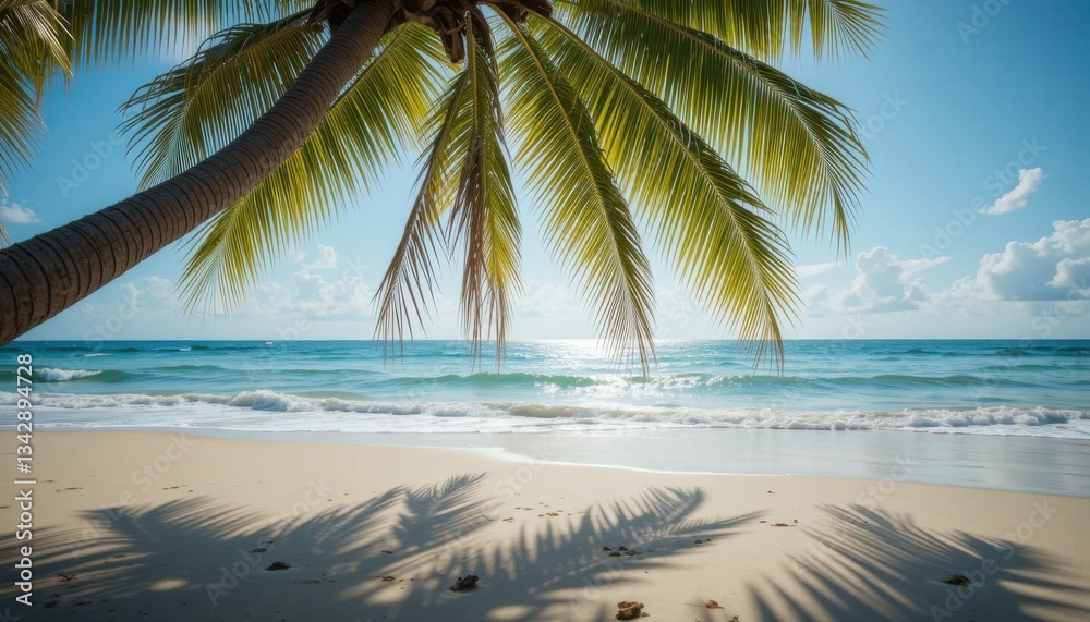Obraz premium Serene Tropical Beach Scene Palm Tree Shadow on Wet Sand