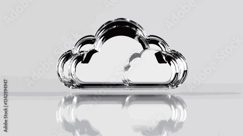 A high-key image depicts a three-dimensional glass cloud icon rendered in grayscale. The cloud is depicted with a smooth, reflective surface, showing a slight reflection on a light grey surface.
