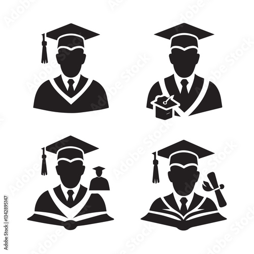Graduate Icon set Student Ideal for Education or Graduation black and white