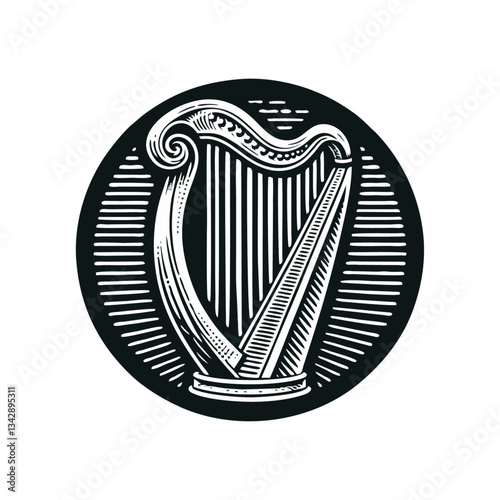Harp vintage engrave logo icon design illustration