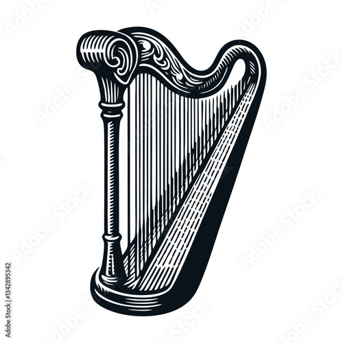 Harp vintage engrave logo icon design illustration