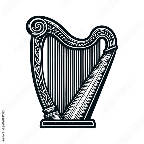 Harp vintage engrave logo icon design illustration