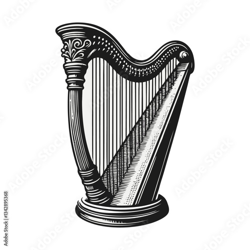 Harp vintage engrave logo icon design illustration
