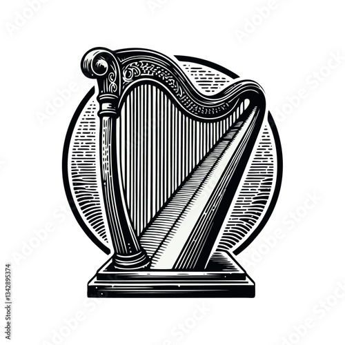 Harp vintage engrave logo icon design illustration