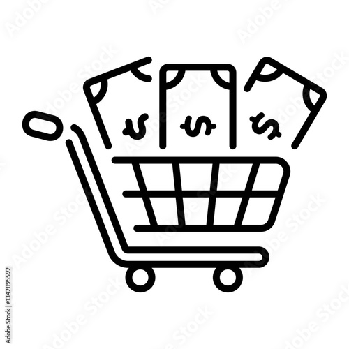 A line style icon of a shopping cart filled with money 