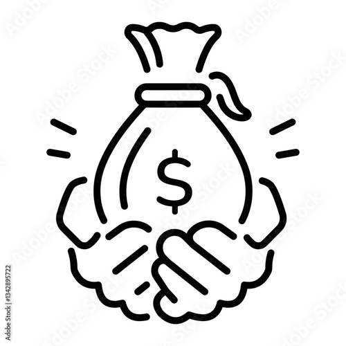 Savings bag in hand, linear style icon 