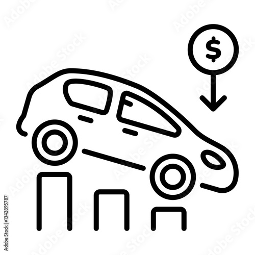 A line style icon of a declined car with a coin showing money depreciation 
