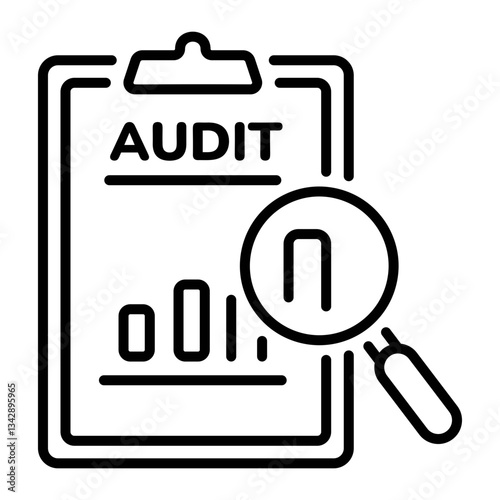 A line style icon of a clipboard with infographic chart showing an audit process 