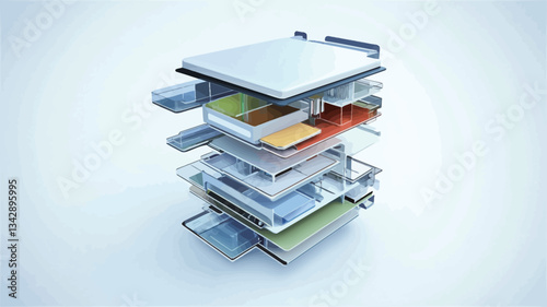 A 3D rendering of an architectural model depicting a building's cross-section. The model is presented in a stacked format, showing multiple interior levels with color-coded rooms and features. The