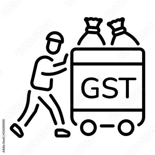 A line icon of a character pushing a trolley depicting goods tax 