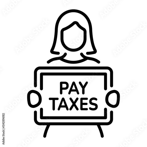 Tax reminder character holding a board written pay taxes, line icon 