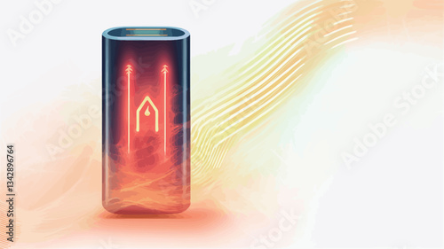 A digital illustration depicts a tall, dark cylindrical object.  Inside, there is a bright orange and red glow emanating from a central, stylized symbol.  Two vertical lines of light extend upwards
