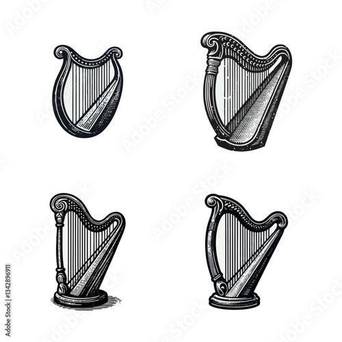 Harp vintage engrave logo icon design illustration