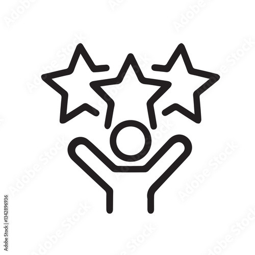 Outline icon talent acquisition, employee award, customer satisfaction, success. Three stars above man with his hands raised. Vector illustration for web on white background.