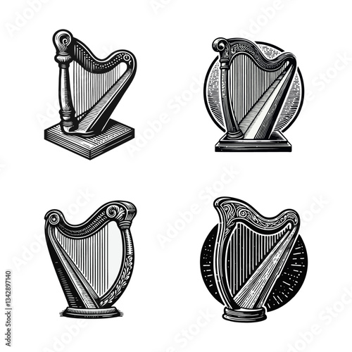Harp vintage engrave logo icon design illustration