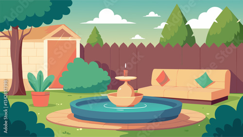 A cozy corner of the backyard adorned with comfortable cushions and a trickling water fountain perfect for finding inner peace.. Vector illustration