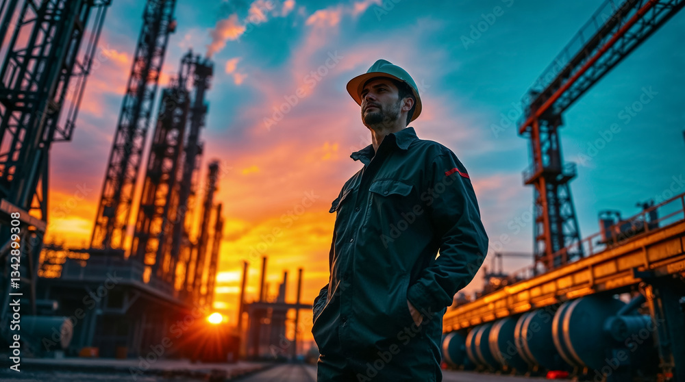 Industrial Engineer Worker Man in Hardhat at Oil Refinery Plant During Dramatic Sunset with Construction Silhouettes and Pipeline Infrastructure Industrial Engineer Worker Man in Hardhat at Oil Refinery Plant During Dramatic Sunset with Construction Silhouettes and Pipeline Infrastructure