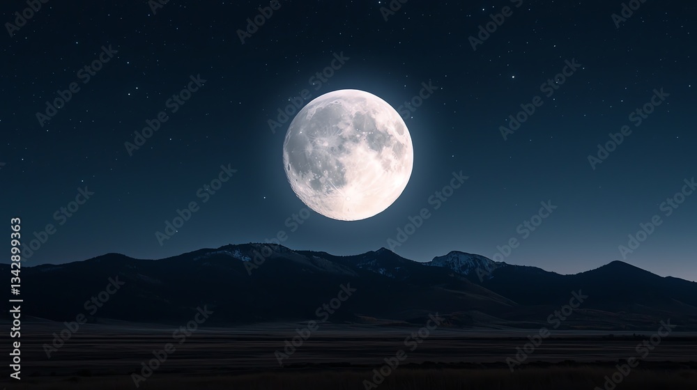 Fototapeta premium Full Moon Rising Over Mountain Range on Starry Night Scenery