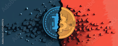 An abstract depiction of a bitcoin symbol. A coin split in half