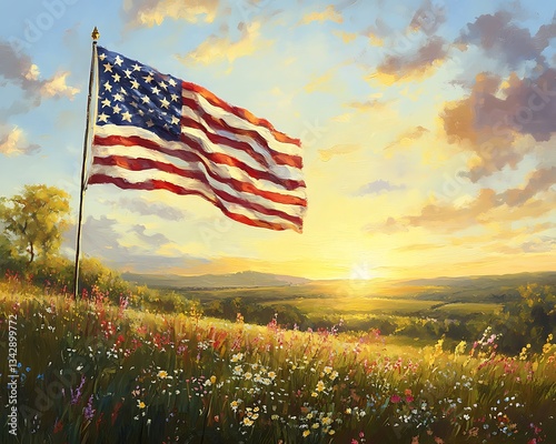 Patriotic Sunrise over Flower Meadow