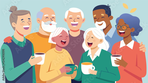 A group of seniors laugh together during a coffee break bonding over their shared love for learning.. Vector illustration