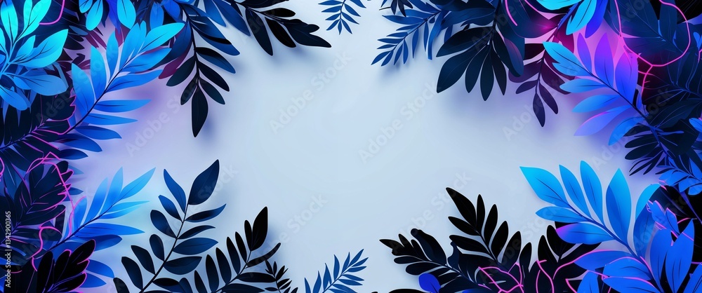 Obraz premium cyan black gradient glowing edges neon of leaves patterns on plain white background illustration design concept backdrop