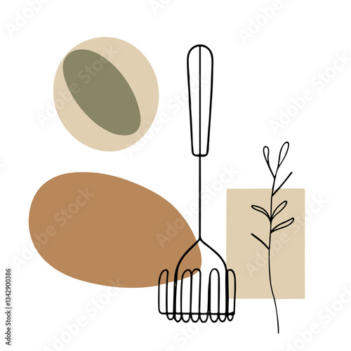 Illustration of a potato masher outline drawing with abstract shapes and plant elements