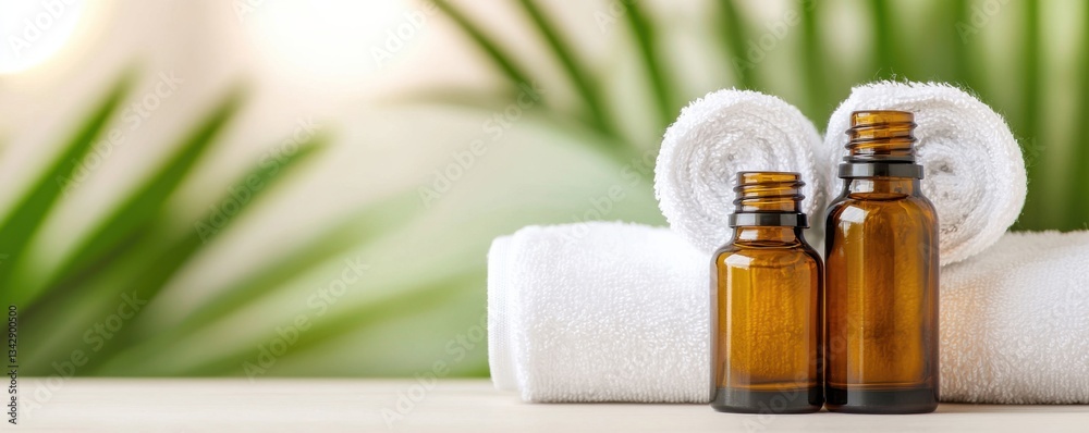 Aromatherapy essentials bottles and towels set in tranquil spa environment close up invigorating relaxation Aromatherapy essentials bottles and towels set in tranquil spa environment close up invigorating relaxation