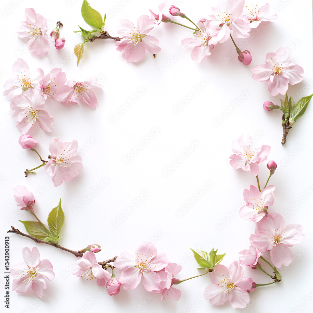 Pink Cherry Blossom Frame on White Background Delicate Spring Floral Design Pink Cherry Blossom Frame on White Background Delicate Spring Floral Design