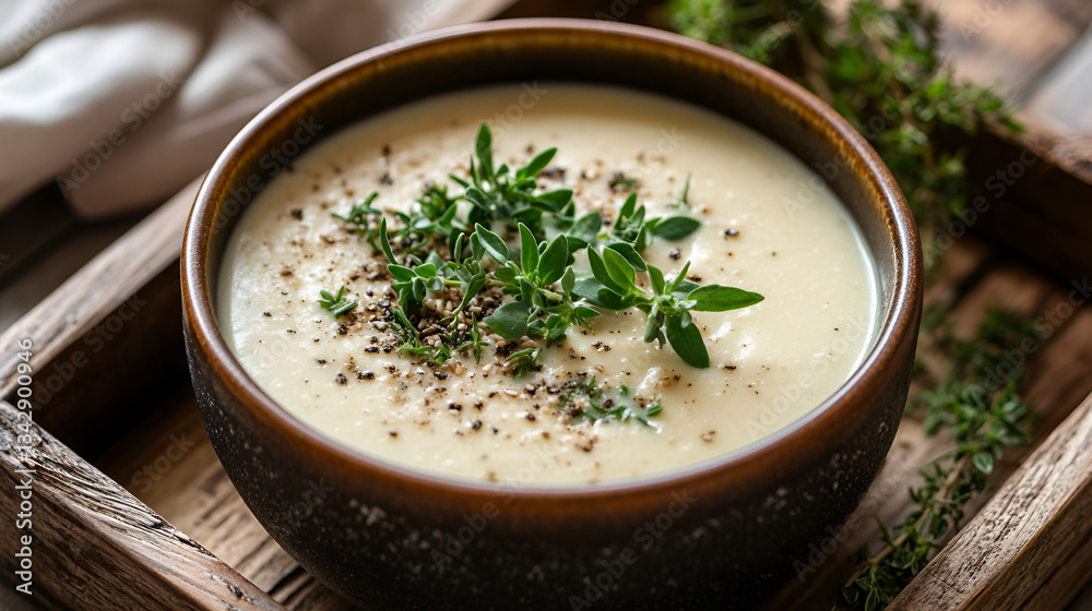 of creamy plant-based soup garnished with fresh herbs and seeds served on a wooden tray of creamy plant-based soup garnished with fresh herbs and seeds served on a wooden tray