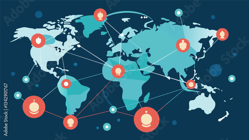 An intricate network of data nodes and connections spanning across continents and oceans.. Vector illustration