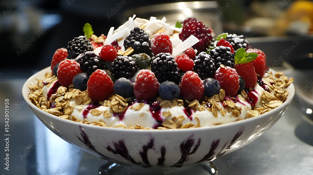 prepared smoothie bowl with granola, coconut flakes, and fresh berries arranged in a beautiful design prepared smoothie bowl with granola, coconut flakes, and fresh berries arranged in a beautiful design